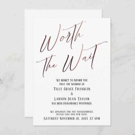 Invitation Vaut la peine d'attente reportée Mariage Rose or (Devant / Derrière)
