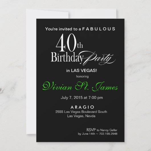 Invitation Végas Art déco Swank 40e anniversaire vert noir (Dos)