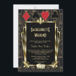 Invitation Vegas Casino Great Gatsby Bachelorette Week-end<br><div class="desc">Luxury Gold Great Gatsby Art Déco Vegas Bachelorette Weekend Casino Royale Style carte design. Il présente un style Art déco d'or des années 1920 rugissant, le style Great Gatsby, l'or royal Fleur-de-lis, des costumes de cartes à jouer, des dés, le tout sur motif d'or Art déco sur noir. Utilisez l'outil...</div>