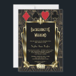 Invitation Vegas Casino Great Gatsby Bachelorette Week-end<br><div class="desc">Luxury Gold Great Gatsby Art Déco Vegas Bachelorette Weekend Casino Royale Style carte design. Il présente un style Art déco d'or des années 1920 rugissant, le style Great Gatsby, l'or royal Fleur-de-lis, des costumes de cartes à jouer, des dés, le tout sur motif d'or Art déco sur noir. Utilisez l'outil...</div>
