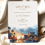 Invitation Vegas Golden Twilight Économisez à la date<br><div class="desc">Illuminez l'excitation de votre prochain mariage avec notre invitation "Vegas Golden Twilight" Save-the-Date. Cette invitation éblouit avec une illustration éclatante de l'aquarelle du Strip de Las Vegas, capturée au moment magique où les néons commencent à étinceler contre le soleil couchant. Le ciel est une toile de jaune doré et de...</div>