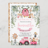 Invitation Végétal Animaux de ferme Barnyard Rose Girl Annive (Devant / Derrière)