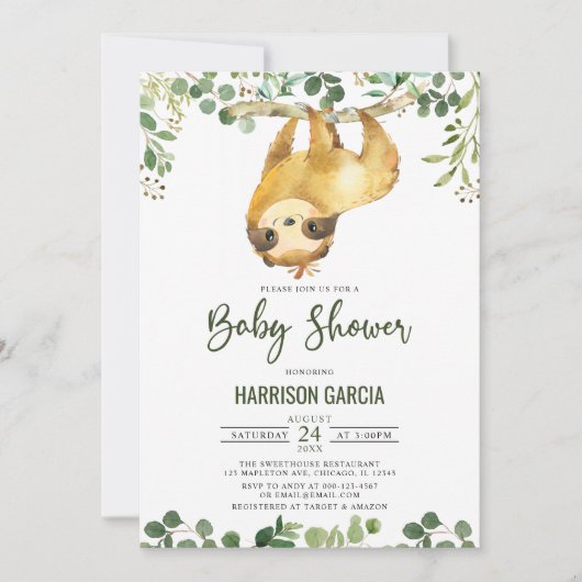 Invitation Végétal Floral mignonne Sloth Baby shower Invitati (Devant)