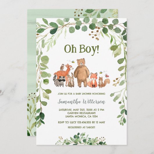 Invitation Végétal Forêt Animaux Baby shower Garçon (Devant / Derrière)