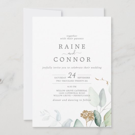 Invitation Végétation aérée et feuille d'or tout en un Mariag (Devant)