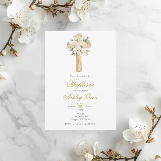Invitation Végétation avec croix Baptême