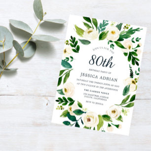 Invitation Végétation Blanc Floral 80e anniversaire Invitatio