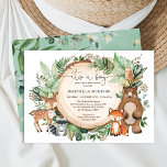 Invitation Végétation boisée tendance Animaux Baby shower gar<br><div class="desc">Célébrez l'arrivée prochaine de votre petit sauvage avec cette invitation à baby shower fantaisiste à thème boisé. Le design se compose d'un groupe d'amis forestiers adorables (cerfs,  ours,  raton laveur,  renard,  hibou) et d'une végétation luxuriante.</div>