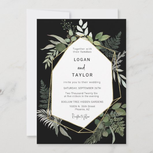 Invitation Végétation botanique Cadre d'or noir QR Code Photo (Devant)