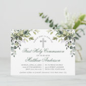 Invitation Végétation botanique Sage Green Première communion (Debout devant)