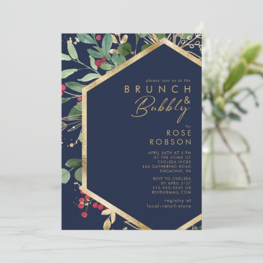 Invitation Végétation de Noël moderne Marine Brunch et Bubbly (Debout devant)