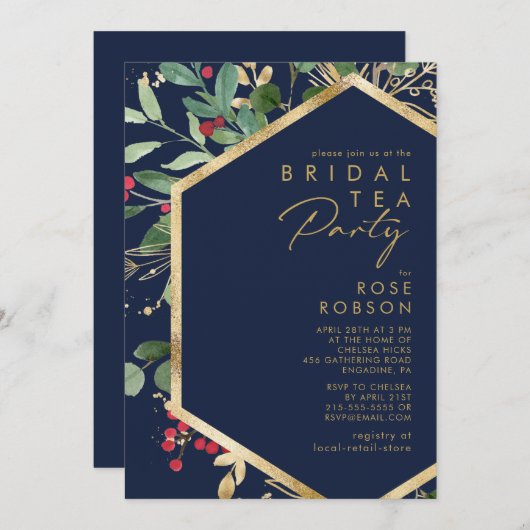 Invitation Végétation de Noël moderne | Navy Bridal Tea Party (Devant / Derrière)