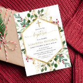 Invitation Végétation de Noël or rouge hollies Baptême
