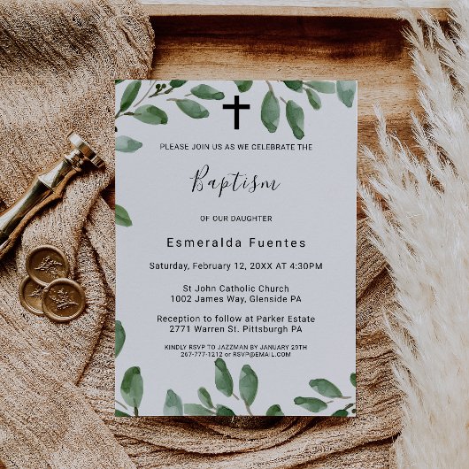 Invitation Végétation d'été Tropical Eucalyptus Cross Baptism