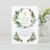 Invitation Végétation d'hiver Berry Cone Croix d'or Baptême (Debout devant)