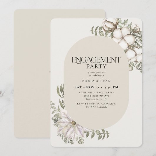 Invitation Végétation d'hiver Floral Oval Ivory Engagement Pa (Devant / Derrière)