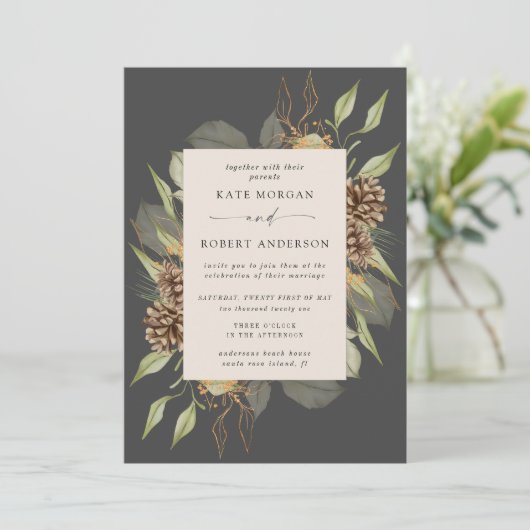 Invitation Végétation d'hiver Golden Elegant Mariage Invitati (Debout devant)