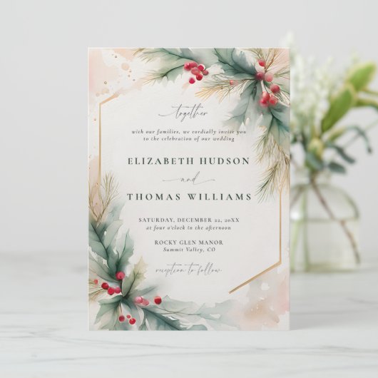 Invitation Végétation d'hiver Noël Rouge Mariage élégant (Debout devant)