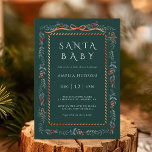 Invitation Végétation d'hiver Père Noël Baby shower vert<br><div class="desc">Cette élégante invitation au baby shower présente un cadre verdoyant d'hiver aquarelle décoré de ruban rouge,  de baies rouges d'hiver et de calligraphie élégante. Pour une personnalisation plus avancée de cette conception,  cliquez sur le lien "Bouton Outil de conception".</div>