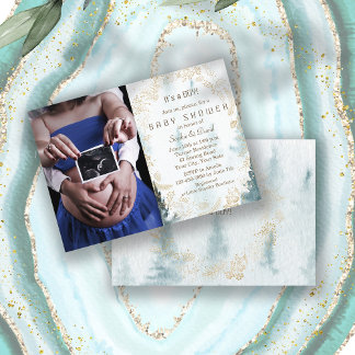 Invitation Végétation d'hiver Wreath Gold Photo Baby shower g
