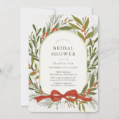 Invitation Végétation d'hiver Wreath Red Bow Fête des mariées (Devant)