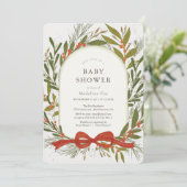 Invitation Végétation d'hiver Wreath Red Bow Girl Baby shower (Debout devant)