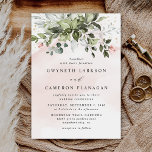 Invitation Végétation dorée Succulente Dusty Blue Mariage<br><div class="desc">Le design présente des éclaboussures d'aquarelle rose pâle ou rousse avec des éclaboussures imprimées en or simulées. Le design présente également des éléments floraux rose vif dans un bouquet ou une couronne de verdure. La couronne contient un succulent eucalyptus et d'autres éléments de verdure dans les tons vert émeraude foncé,...</div>