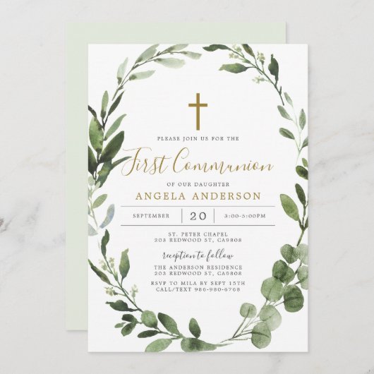 Invitation Végétation du feuillage Première communion Invitat (Devant / Derrière)