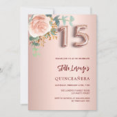 Invitation Végétation florale rose or rose Quinceanera (Devant)