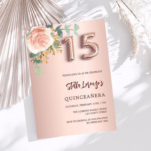 Invitation Végétation florale rose or rose Quinceanera