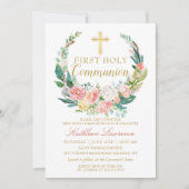 Invitation Végétation florale rose Première communion sainte (Devant)
