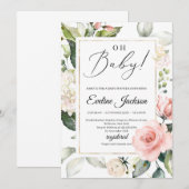 Invitation Végétation florale rose vif cadre or Oh Baby (Devant / Derrière)