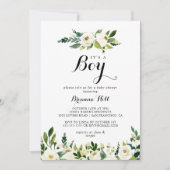 Invitation Végétation Flore blanche C'est un Baby shower garç (Devant)