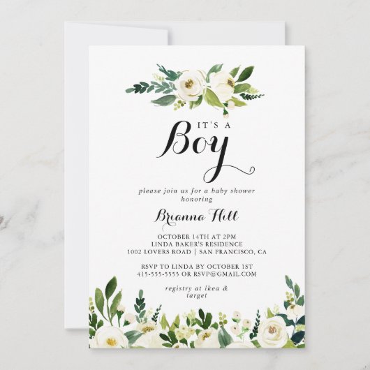 Invitation Végétation Flore blanche C'est un Baby shower garç (Devant)