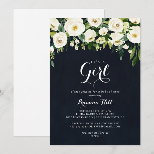 Invitation Végétation Flore blanche C'est une fille Baby show (Devant / Derrière)