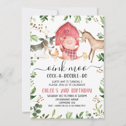 Invitation Végétation Foliage Ferme Animaux 2e anniversaire (Devant)