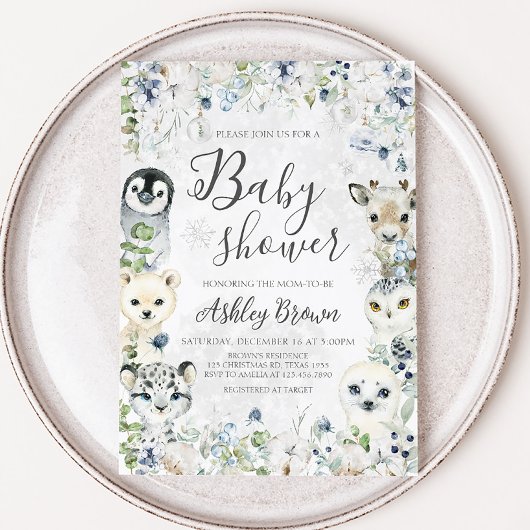 Invitation Végétation Hiver Baby shower des animaux de l'Arct