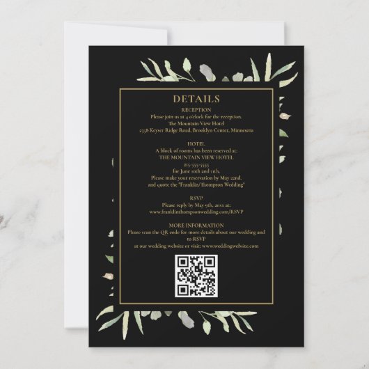 Invitation Végétation Noire Et Or Tout En Un Mariage Code QR (Dos)