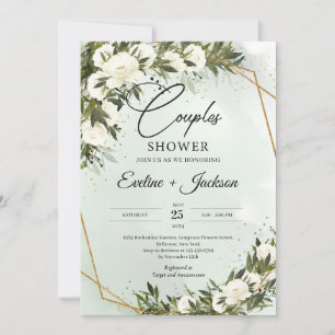 Invitation Végétation olive roses blanches or cadre couples