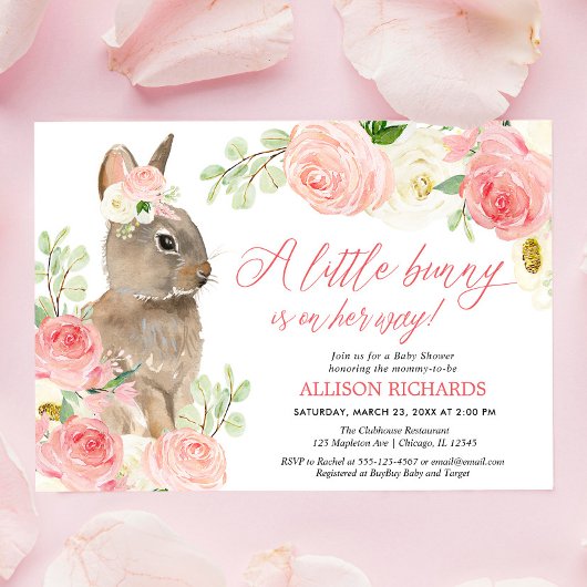 Invitation Végétation rose pâle baby shower lapin de Pâques