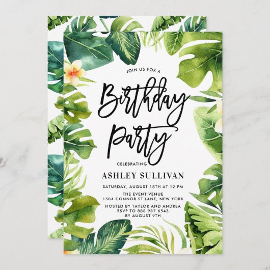Invitation Végétation tropicale et Plumeria fête d'anniversai (Devant / Derrière)