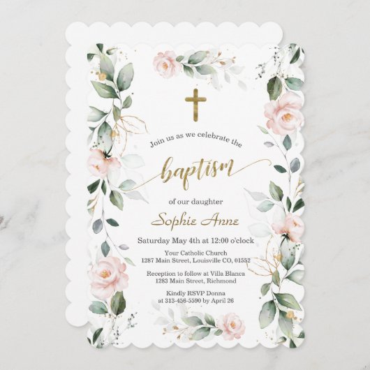 Invitation Végétation Whimsical Croix rose Florale Or Baptême (Devant / Derrière)