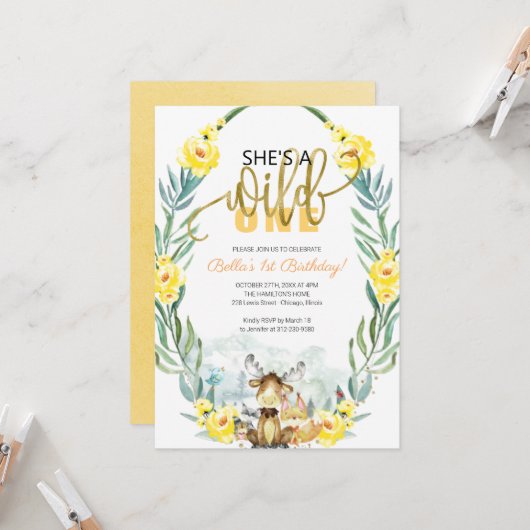 Invitation Végéty Woodland She's A Wild One First Birthday (Devant/Arrière en situation)
