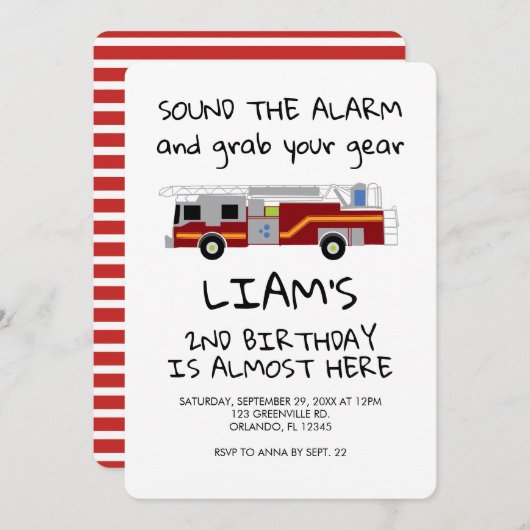 Invitation Véhicule d'Urgence Camion de Pompiers R (Devant / Derrière)