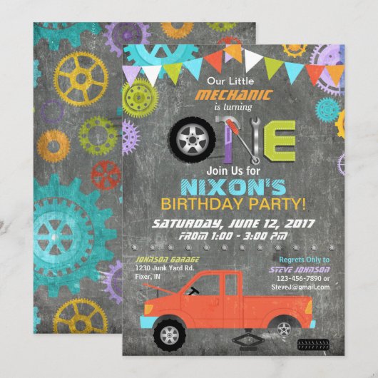 Invitation Véhicule Mécanique Gears Tools Chalkboard Annivers (Devant / Derrière)