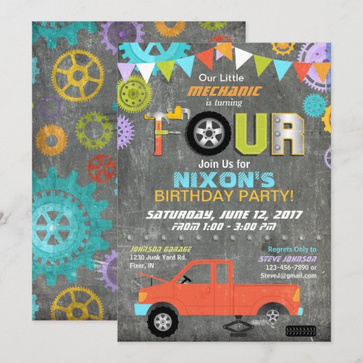Invitation Véhicule Mécanique Gears Tools Chalkboard Annivers (Devant / Derrière)