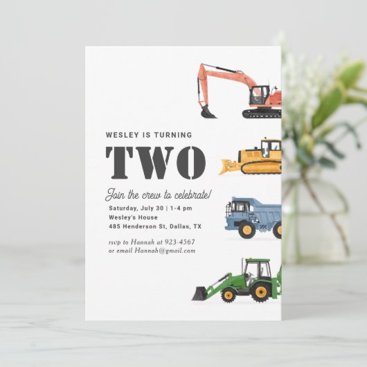 Invitation Véhicules de construction 2e fête d'anniversaire (Debout devant)
