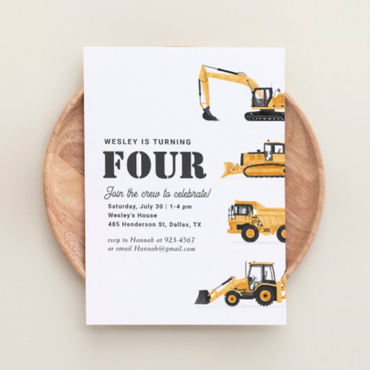 Invitation Véhicules de construction 4e fête d'anniversaire