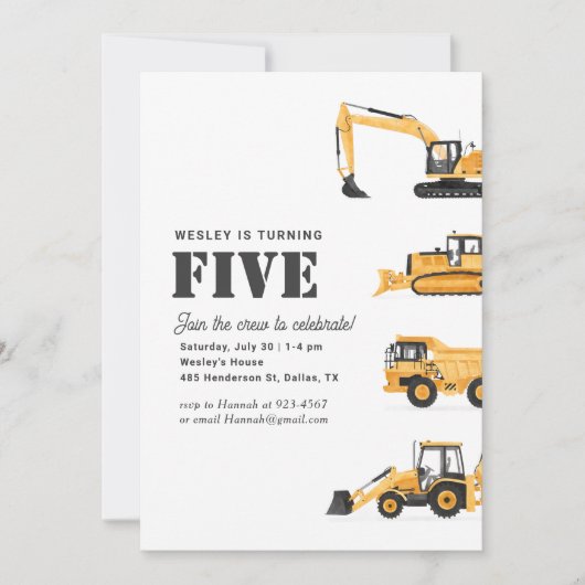 Invitation Véhicules de construction 5e fête d'anniversaire (Devant)