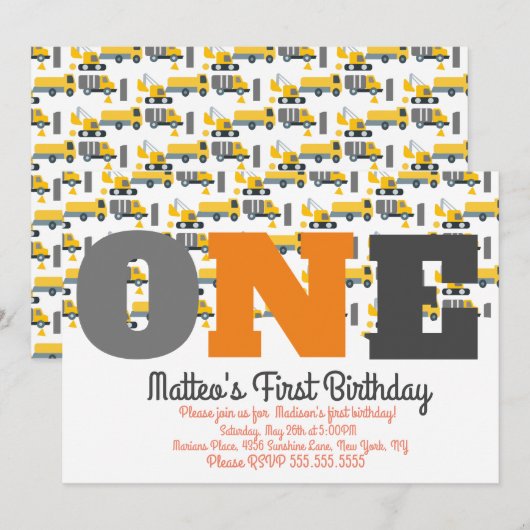 Invitation Véhicules de construction Anniversaire Dépouille B (Devant / Derrière)